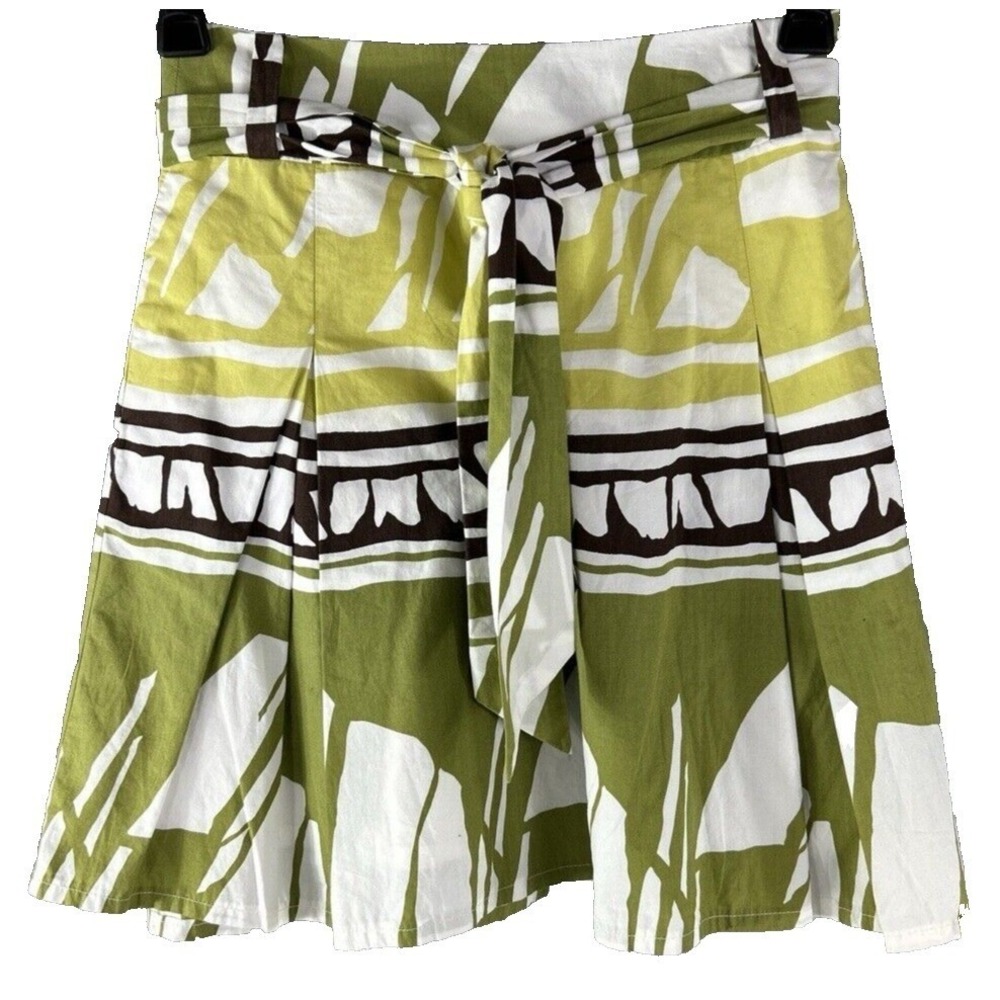 Talbots 2P Green White Abstract Print Cotton A-Line Belted Skirt Petites Preppy